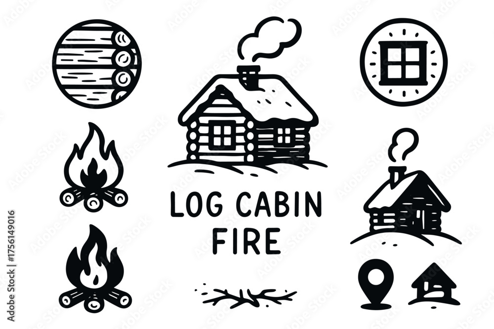 Obraz premium Black outline vector icons of a log cabin, firewood, campfire, and window, showcasing winter and camping themes in a minimalistic style.