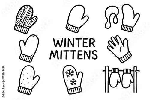 Black outline drawings of various styles of winter mittens, including patterns such as snowflakes and knitted designs.
