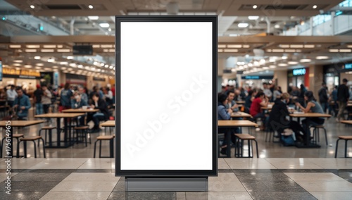 Fototapeta Naklejka Na Ścianę i Meble -  Blank vertical billboard mockup positioned before a busy retail center or dining area with seating and patrons visible behind, featuring empty space on the right for text