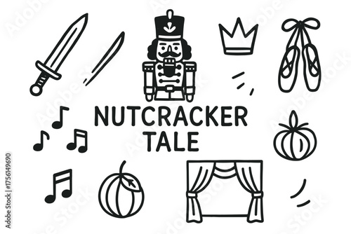 Black outline vector icons depicting ballet elements, including a sword, crown, musical notes, and ballet shoes, surrounding a central nutcracker figure.