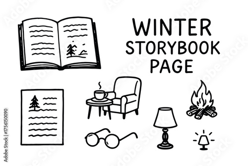 Black and white illustration featuring an open book, a cozy chair, a cup on a table, a lamp, eyeglasses, and a winter-themed page with a tree and firewood.
