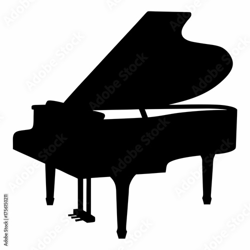 A sleek silhouette of a grand piano instrument on a white background