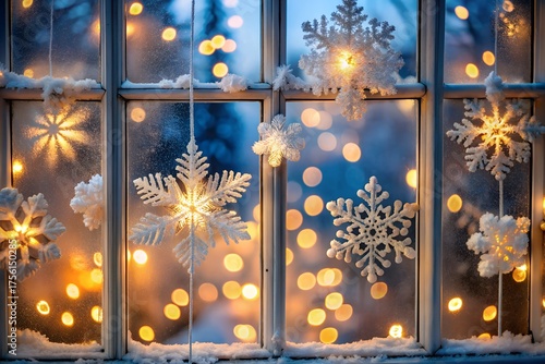 Festive snowflake decorations with warm bokeh lights adorning a window during winter holidays