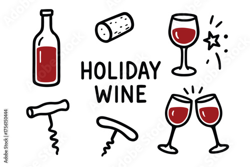 Simple black outline drawings of wine items, including a bottle, glasses, cork, corkscrew, and celebratory elements around the text 'holiday wine.'