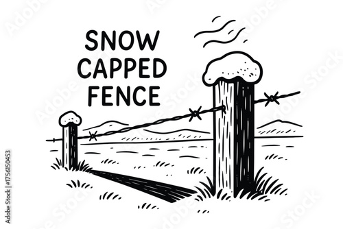 Black and white illustration of wooden fence posts topped with snow, connected by barbed wire in a rural snowy landscape.