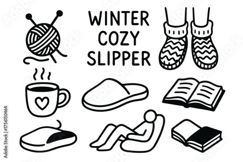 Hand-drawn collection of winter cozy items including knitted slippers, yarn, a steaming mug, an open book, a slipper, a bean bag chair, and a closed book.