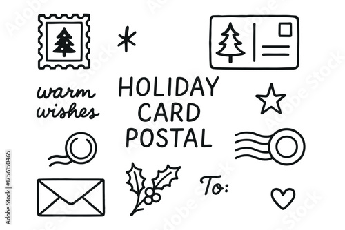 Black outline drawings of holiday-themed elements including a postcard, stamp, holly, and festive greetings for a cheerful celebration.