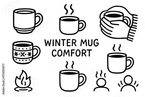 Black outline icons of various steaming mugs, warm hands holding a cup, a campfire, and text "winter mug comfort," conveying themes of warmth and coziness.