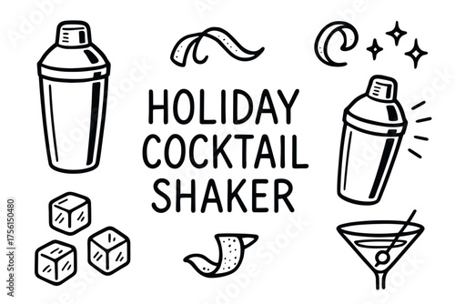 Hand-drawn illustration of holiday cocktail shaker with decorative cocktail elements including citrus peel, ice cubes, and martini glass.