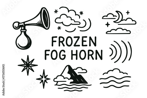 Black outline vector illustration of a fog horn with stylized stars, clouds, sound waves, and a mountain, encapsulating a whimsical outdoor and nautical theme.