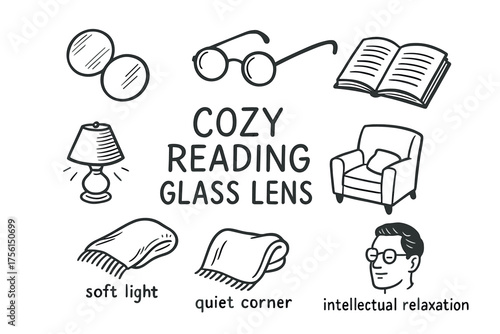 Black and white illustration featuring reading glasses, armchair, lamp, books, and cozy elements for a relaxing reading corner.