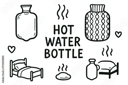 Black and white outline icons of hot water bottles with steam, a bed, and heart symbols for warmth and comfort concepts.