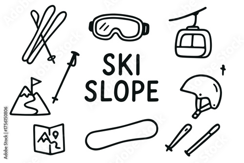 Black outline vector icons of ski equipment including skis, poles, goggles, helmet, snowboard, lift, mountain, and a map with "ski slope" text in the center.