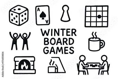 Black and white icons depicting various items related to winter board games, including dice, a playing card, game pieces, a fireplace, and a steaming cup of coffee.