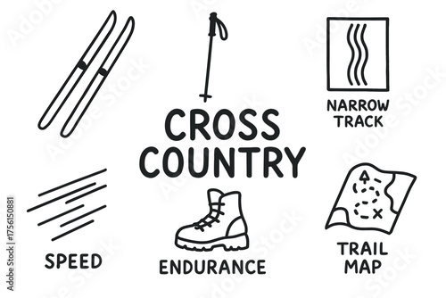 Black outline icons of cross-country skiing equipment including skis, poles, boots, and additional symbols like narrow track and trail map with a focus on speed and endurance.