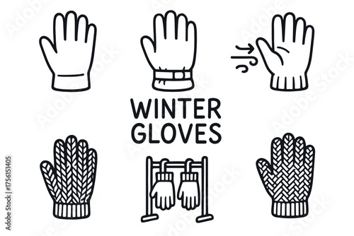 Black outline vector icons of various winter gloves including mittens and insulated designs, arranged around the text "winter gloves.