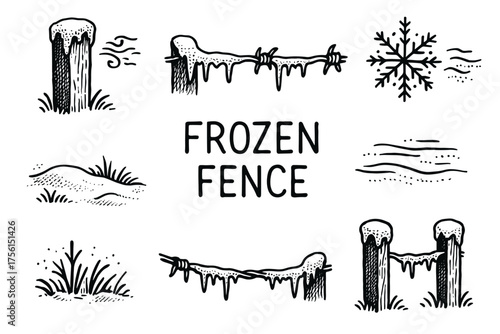 Black and white hand-drawn illustrations of snow-covered wooden fence posts and barbed wire, paired with a snowflake and winter landscape motifs.