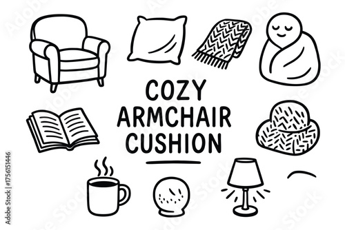 Hand-drawn black outline illustrations of various cozy items, including an armchair, cushion, blanket, and lamp, with the text "cozy armchair cushion" in the center.