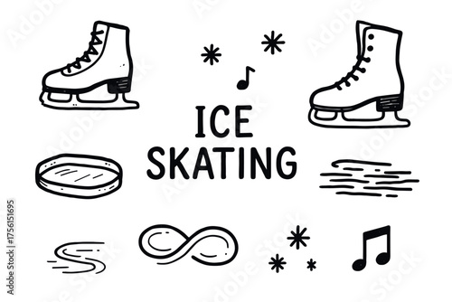 Black outline vector icons of ice skates and related symbols including a skating rink, musical notes, and ice patterns, centered around the phrase "ice skating.