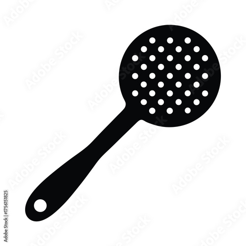 Black silhouette illustration of a slotted spoon or skimmer on a white background