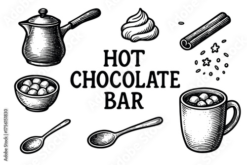 Black and white hand-drawn hot chocolate bar elements including a pot, mug, cinnamon stick, whipped cream, spoons, and marshmallows.