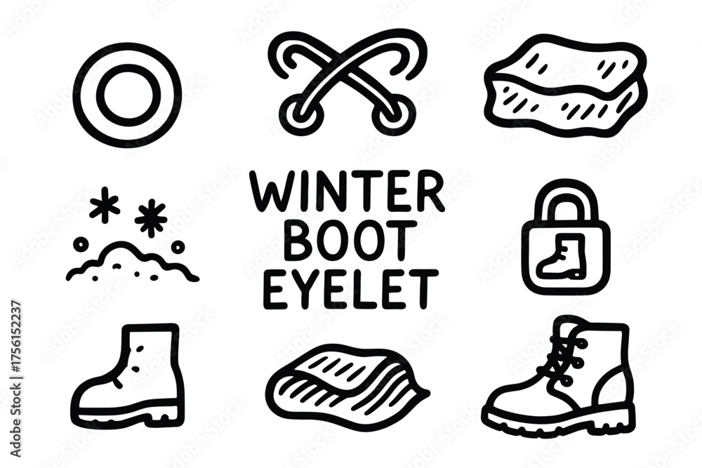 Fototapeta premium Black outline icons depicting various winter boot components, including eyelets, laces, waterproof materials, and snow traction elements.