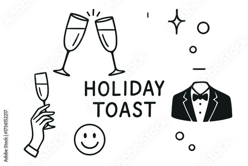 Black outline drawing of champagne flutes clinking in a toast, with holiday-themed elements like a tuxedo, stars, and a smiley face.