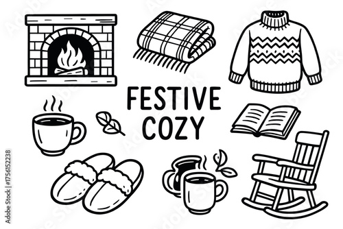 Black and white illustration of festive cozy elements including a fireplace, plaid blanket, sweater, hot drinks, open book, slippers, and rocking chair.