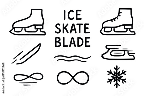 Black outline set of ice skate blades and related symbols including a snowflake and the word "ice skate blade" in bold text.