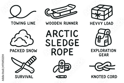 Collection of black outline icons depicting various arctic expedition items, including a towing line, wooden runner, heavy load, packed snow, and exploration gear.
