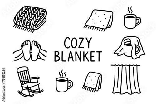 Black outline illustrations of cozy elements including blankets, hot drinks, a rocking chair, and warm socks, emphasizing comfort and relaxation.