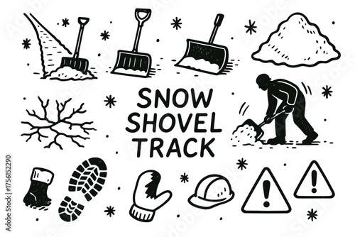 Black outline illustrations depicting various snow shovels, a worker shoveling snow, snow piles, boot prints, and caution signs, highlighting snow removal concepts.