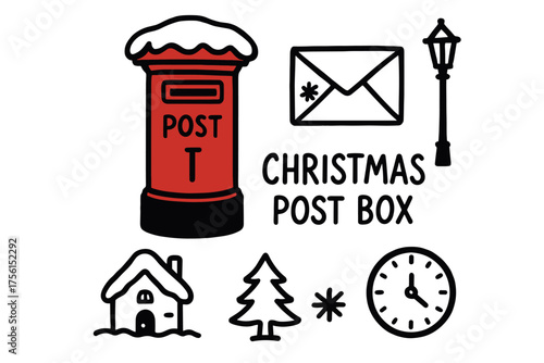 Red christmas post box with snow on top, accompanied by envelope, streetlamp, house, tree, snowflake, and clock decorations.
