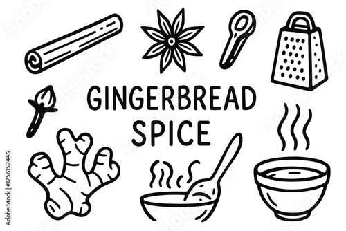 Black outline vector-style icon set featuring gingerbread spice ingredients including cinnamon, star anise, clove, ginger, spoon, bowl, and grater.