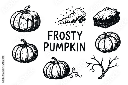 Black and white hand-drawn illustrations of pumpkins, a frosted cake, a frosty branch, and the text "frosty pumpkin.