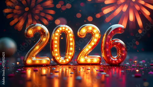 The Dawn of 2026: A radiant display, with a glowing 2026 centerpiece, heralds the New Year. Illuminated numbers shimmer against a backdrop of celebratory fireworks and festive confetti