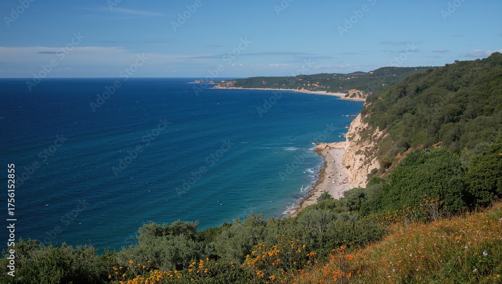 Obraz premium Atlantic coastline with lush forests and clear waters during summer