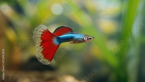 Red female guppy swimming i...