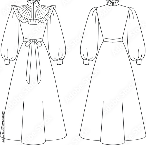 Long sleeve dress illustration, high ruffled neckline, bishop sleeves, pleated yoke detail, waist bow tie, floor length skirt, elegant fashion sketch