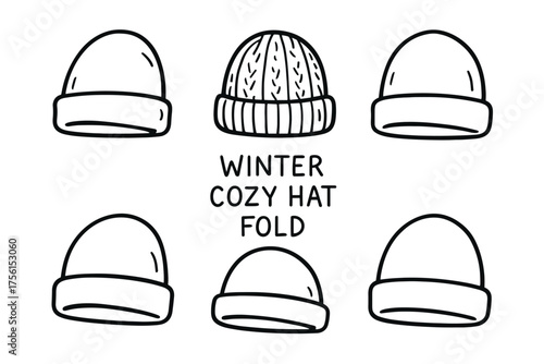 Black outline icons of five folded winter hats surrounding a central knitted hat with text "winter cozy hat fold.