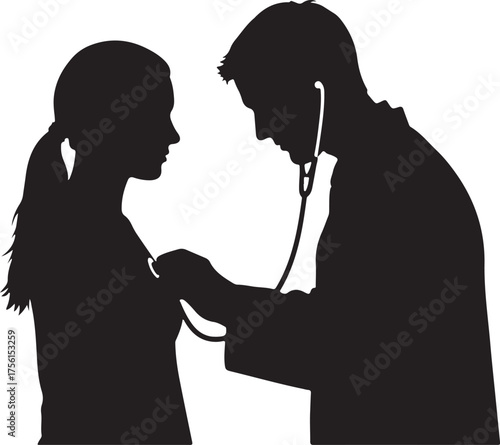 Doctor using stethoscope to examine patient during medical checkup silhouette on white background