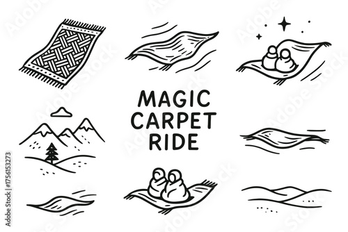 Black outline drawings of two people riding magic carpets in various scenes, accompanied by a woven carpet design and mountainous landscapes.