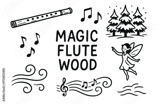 Black and white hand-drawn magic flute surrounded by musical notes, swirling lines, trees, and a fairy character.