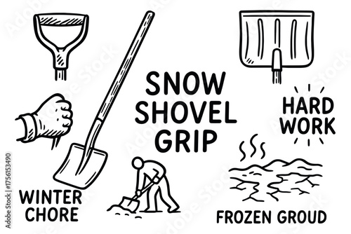 Black and white drawing of a snow shovel and related winter elements, highlighting the task of shoveling snow as a winter chore.