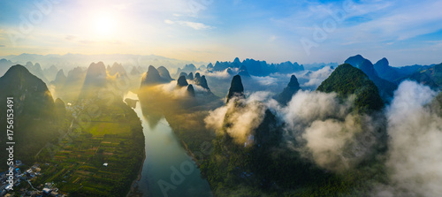 Spectacular aerial view of the beautiful karst mountains and river natural landscape at sunrise in Guilin, China.