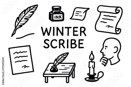 Black outline illustrations featuring a quill, ink bottle, parchment, and a candle, symbolizing classic writing and scribing concepts.