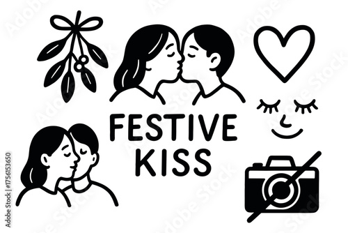 Black and white outline illustration featuring a couple kissing under mistletoe, with festive text and icons like a heart, face, and camera.
