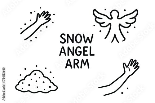 Black outline vector icons showing playful winter themes, including a snow angel, an arm making a snow angel, and a pile of snow with decorative dots.