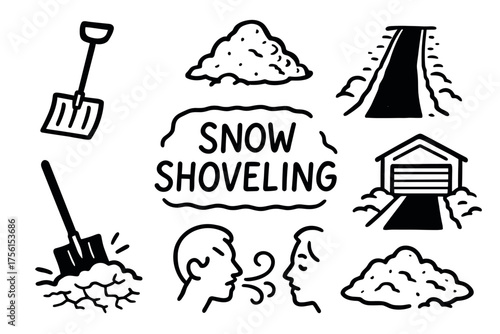 Black outline icons depicting snow shoveling, including a shovel, snow piles, driveway path, garage entrance, and people talking about winter activities.