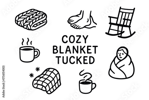 Black outline icons depicting a cozy theme with a knitted blanket, steaming mugs, feet wrapped in a blanket, and a rocking chair.